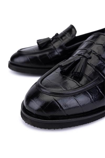 Tamer Tanca Kadın Hakiki Deri Siyah Kroko Loafer Ayakkabı