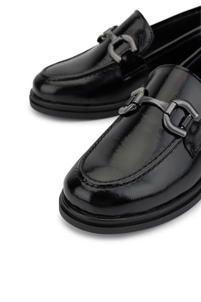 Tamer Tanca Kadın Hakiki Deri Siyah Rugan Loafer Ayakkabı