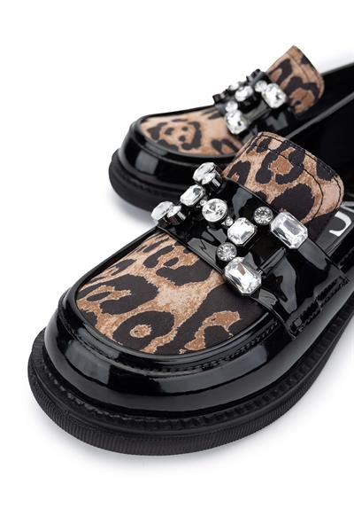 Tamer Tanca Kadın Hakiki Deri Siyah Rugan/Leopar Loafer Ayakkabı