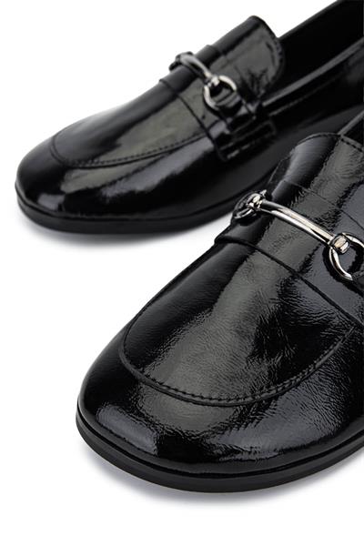 Tamer Tanca Kadın Hakiki Deri Siyah Rugan Loafer Ayakkabı