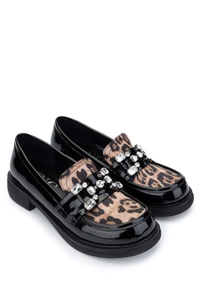 Tamer Tanca Kadın Hakiki Deri Siyah Rugan/Leopar Loafer Ayakkabı