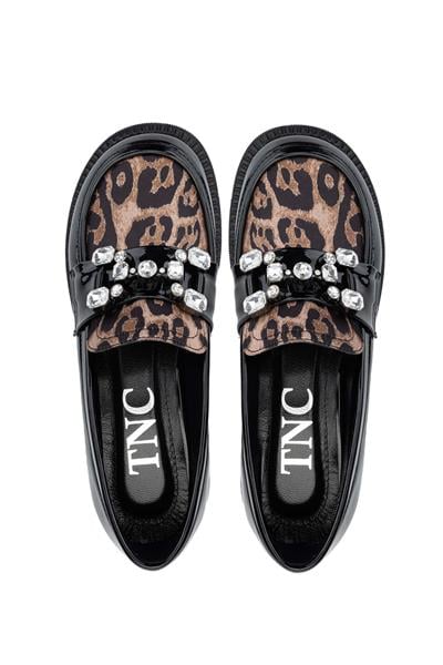 Tamer Tanca Kadın Hakiki Deri Siyah Rugan/Leopar Loafer Ayakkabı