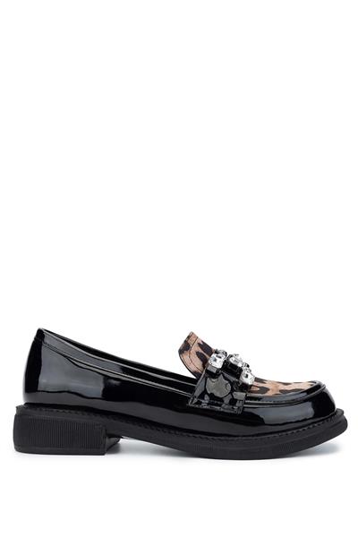 Tamer Tanca Kadın Hakiki Deri Siyah Rugan/Leopar Loafer Ayakkabı