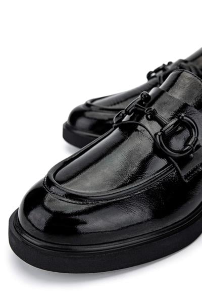 Tamer Tanca Kadın Hakiki Deri Siyah Rugan Loafer Ayakkabı