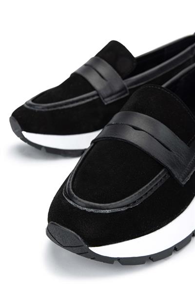 Tamer Tanca Kadın Hakiki Deri Siyah Süet Loafer Ayakkabı