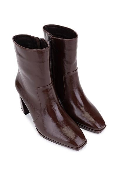 Tamer Tanca Kadın Suni Deri Kahverengi Rugan Topuklu Bot