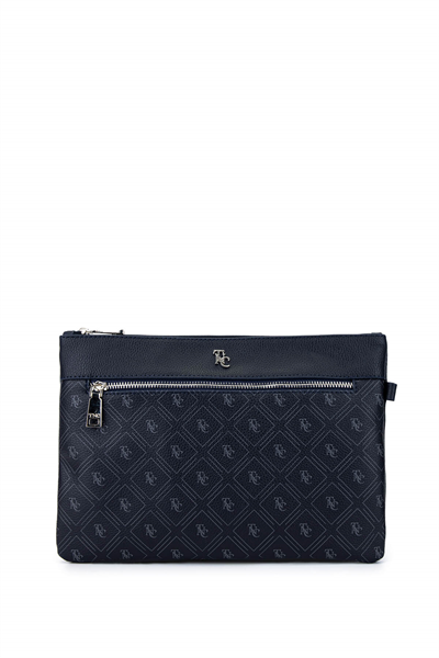 Tamer Tanca Kadın Suni Deri Lacivert Desen Clutch Çanta