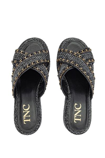 Tamer Tanca Kadın Tekstil Siyah Hasır Topuklu Terlik