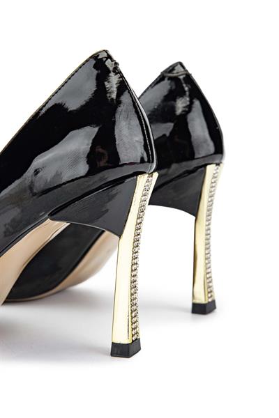 Tamer Tanca Kadın Vegan Siyah Rugan/Gold Stiletto Ayakkabı