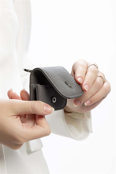 Tamer Tanca Unisex Hakiki Deri Gri Airpods Kılıfı Cuzdan