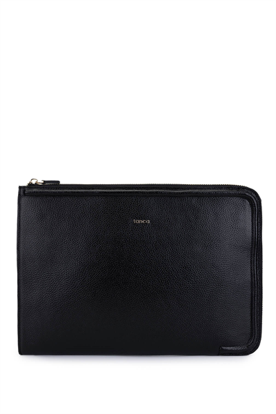 Tamer Tanca Unisex Hakiki Deri Siyah Floter El Çantası