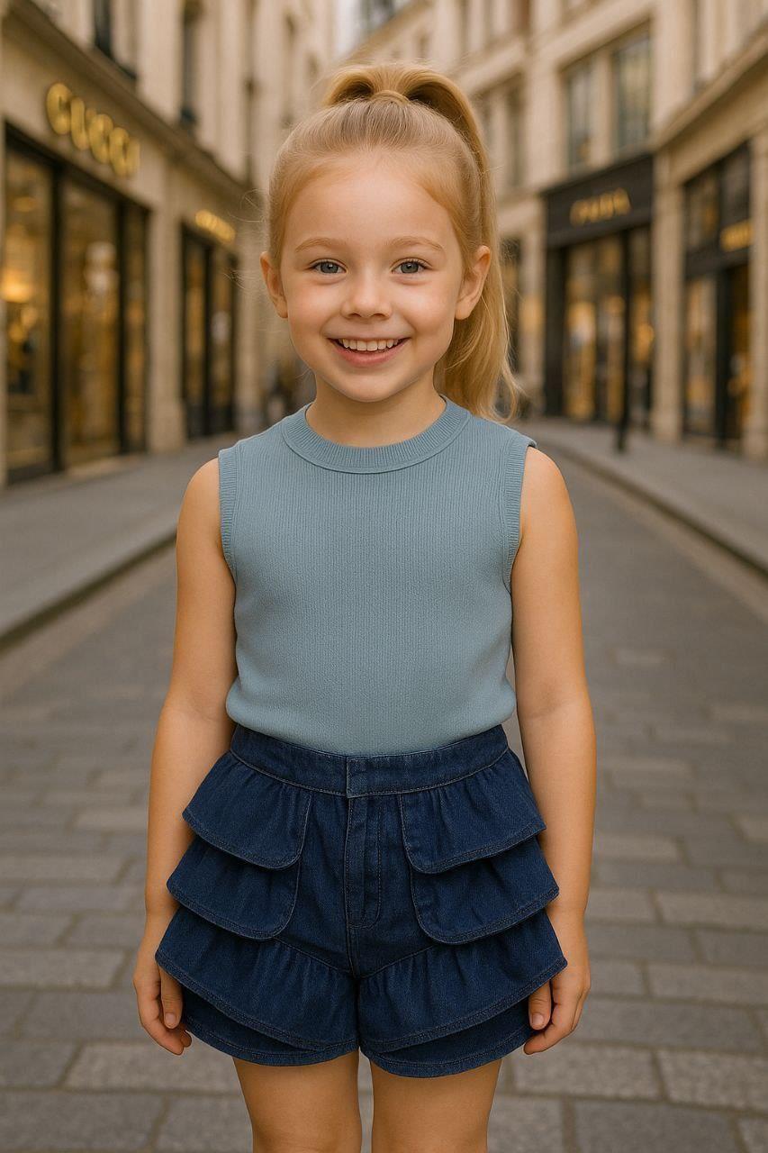 Kız Çocuk Gri Crop Fırfırlı Şort Takım