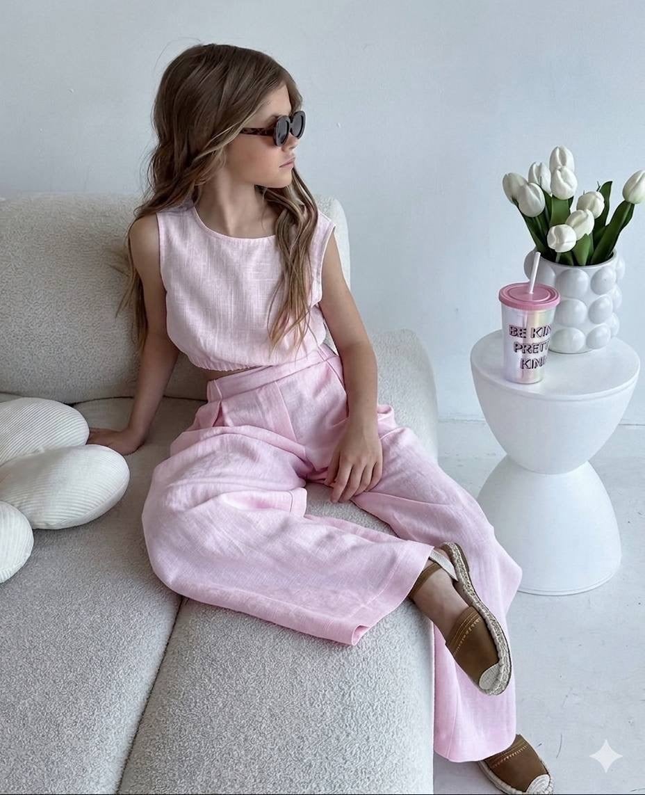 Kız Çocuk Pembe Crop Bol Paça Takım 3-10 yaş 