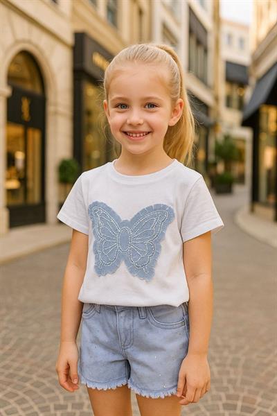 Kız Çocuk  Eskitme Kelebek Tshirt Şort Takım