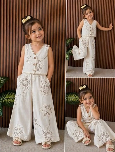 Kız Çocuk Krem-Kahve Yelek Pantolon Takım 4-8 yaş