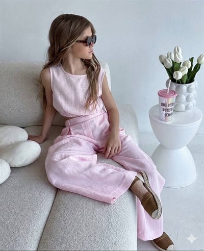 Kız Çocuk Pembe Crop Bol Paça Takım 3-10 yaş 