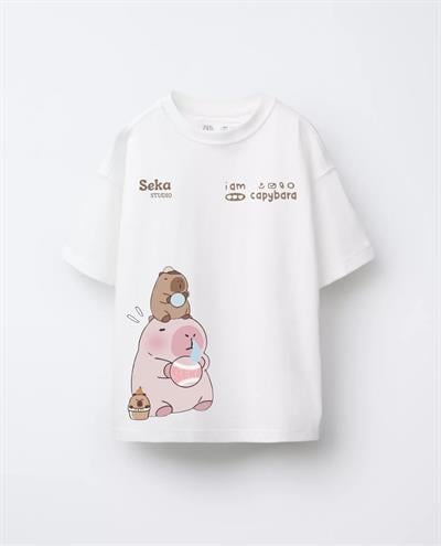 Unisex Beyaz CapyBara Baskılı Tshirt