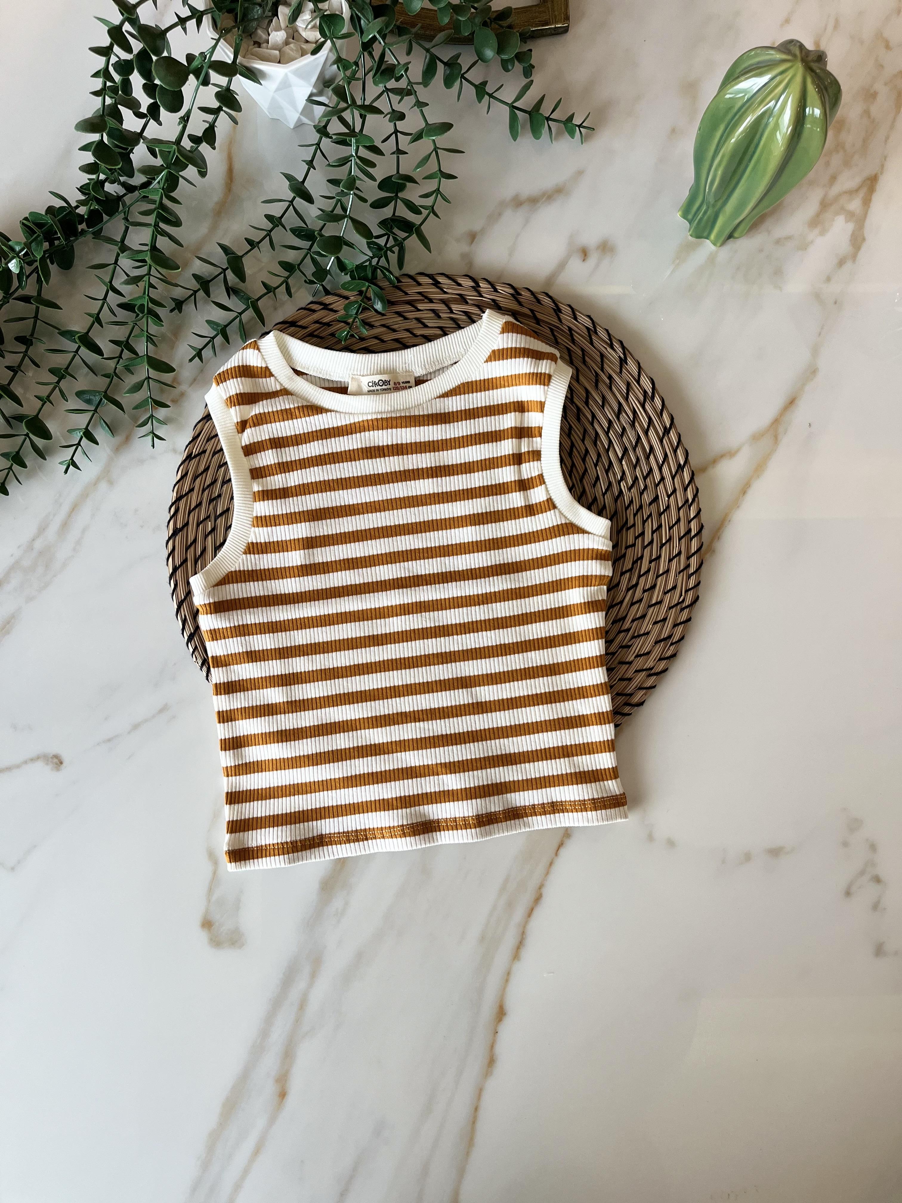 Kahve Çizgili Çizgili Kız Çocuk Askılı Crop