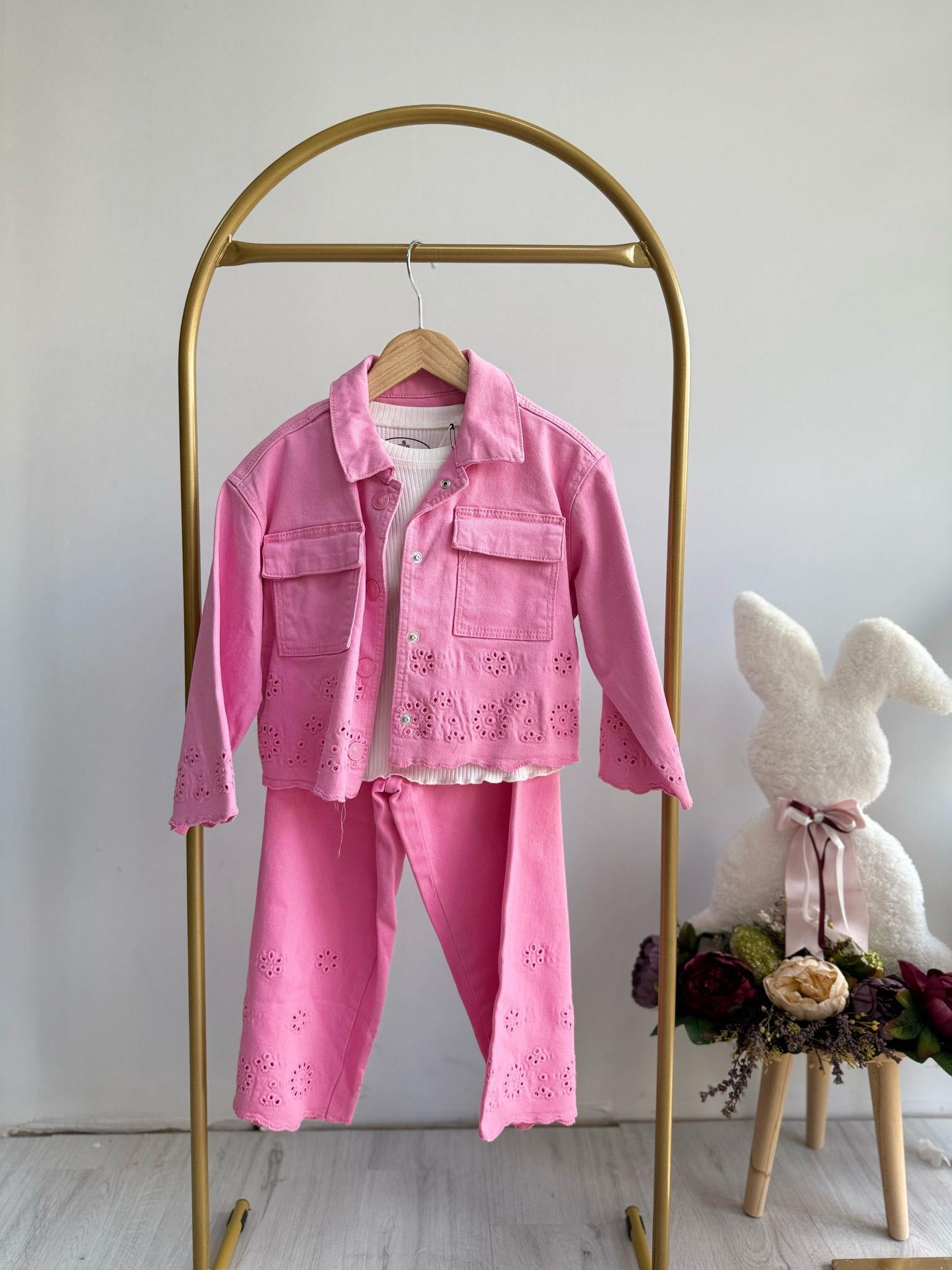 KIZ ÇOCUK 5-9 YAŞ PEMBE 3LÜ CEKETLİ TAKIM