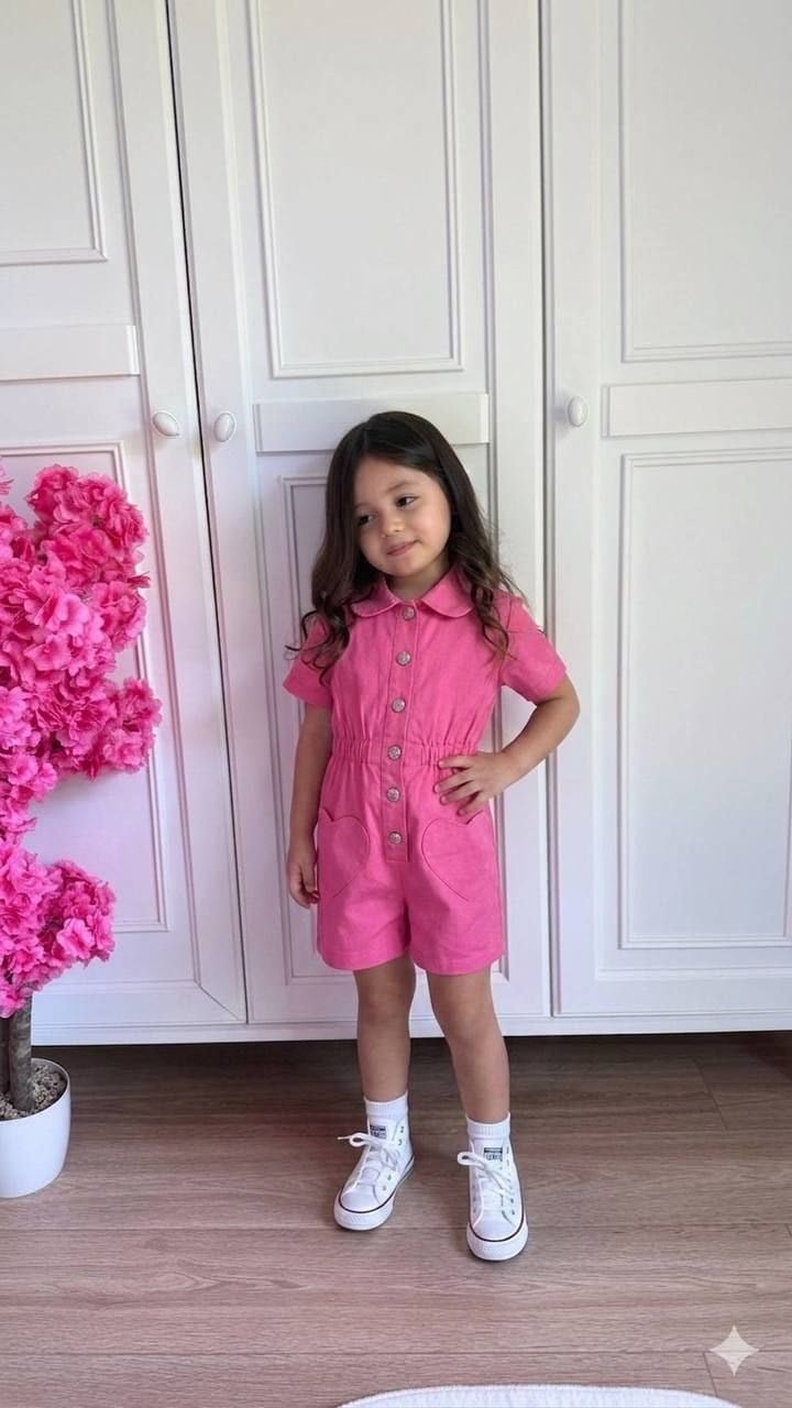 Kız Çocuk Pembe Kot Şortlu Tulum Salopet 3-10 yaş 