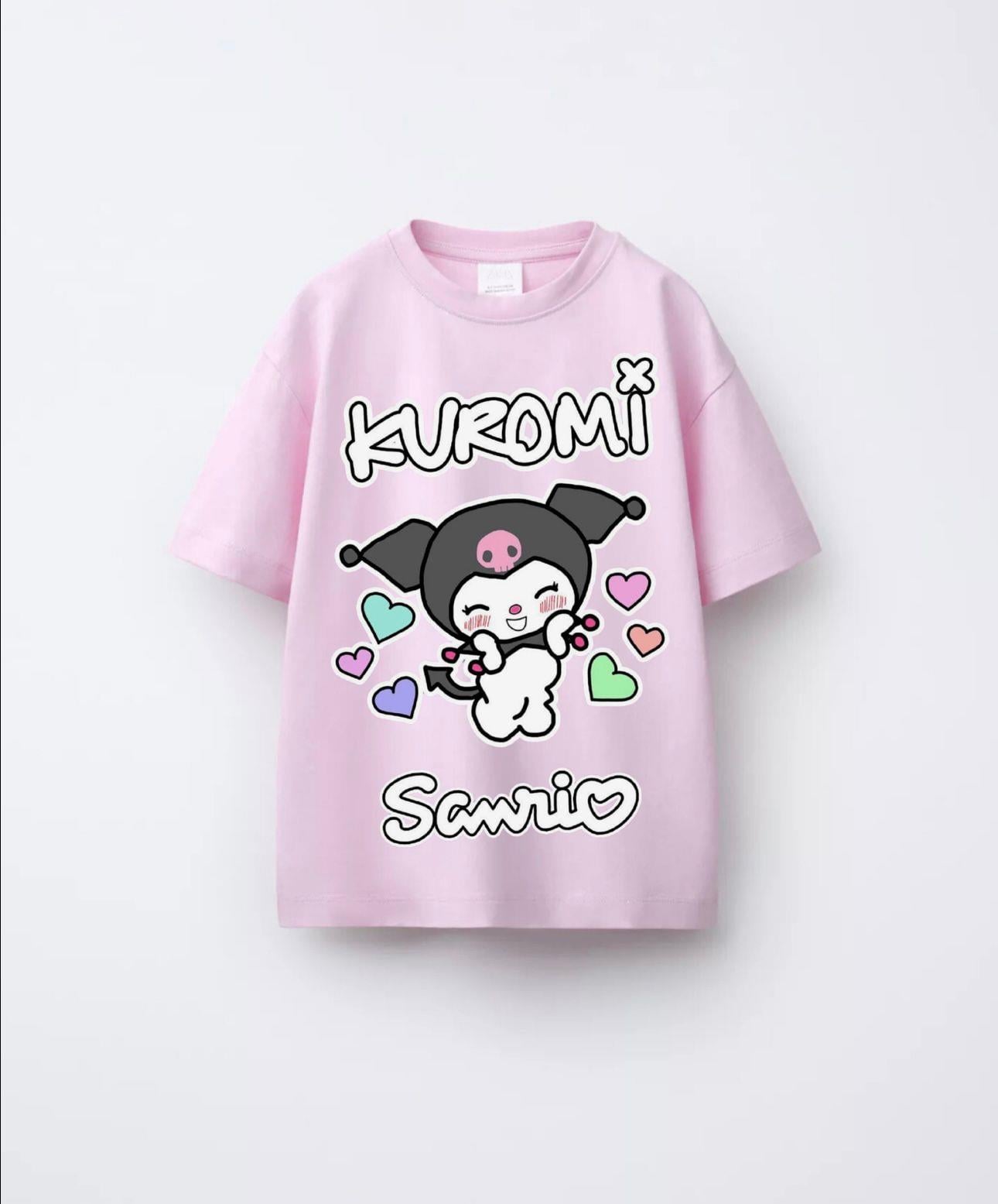 KIZ ÇOCUK PEMBE KUROMİ BASKILI TSHİRT