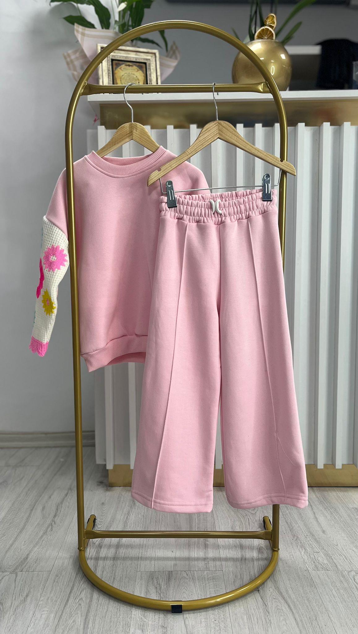 Pembe Kız Çocuk Triko Kol Bol Pantolon Takım