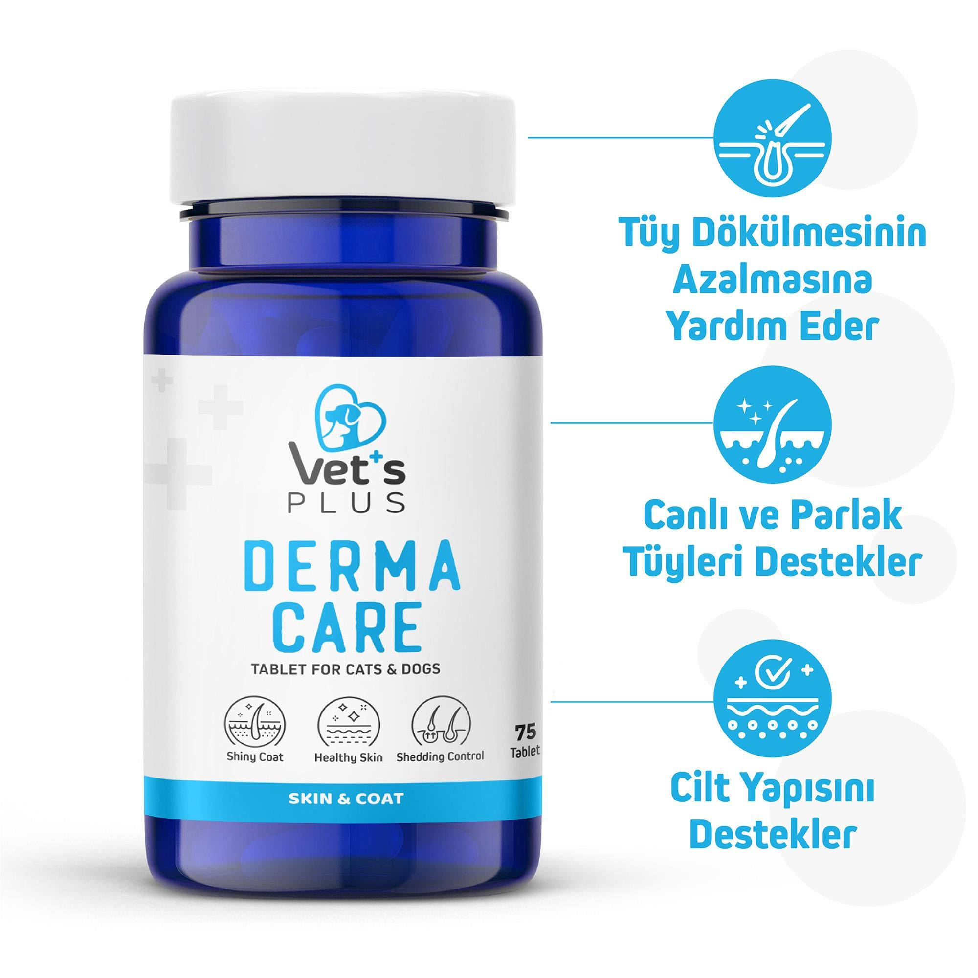 Vets Plus Derma Care Kedi ve Köpekler İçin Deri ve Tüy Yapısı Destekleyici Biyotin Tablet (75li)