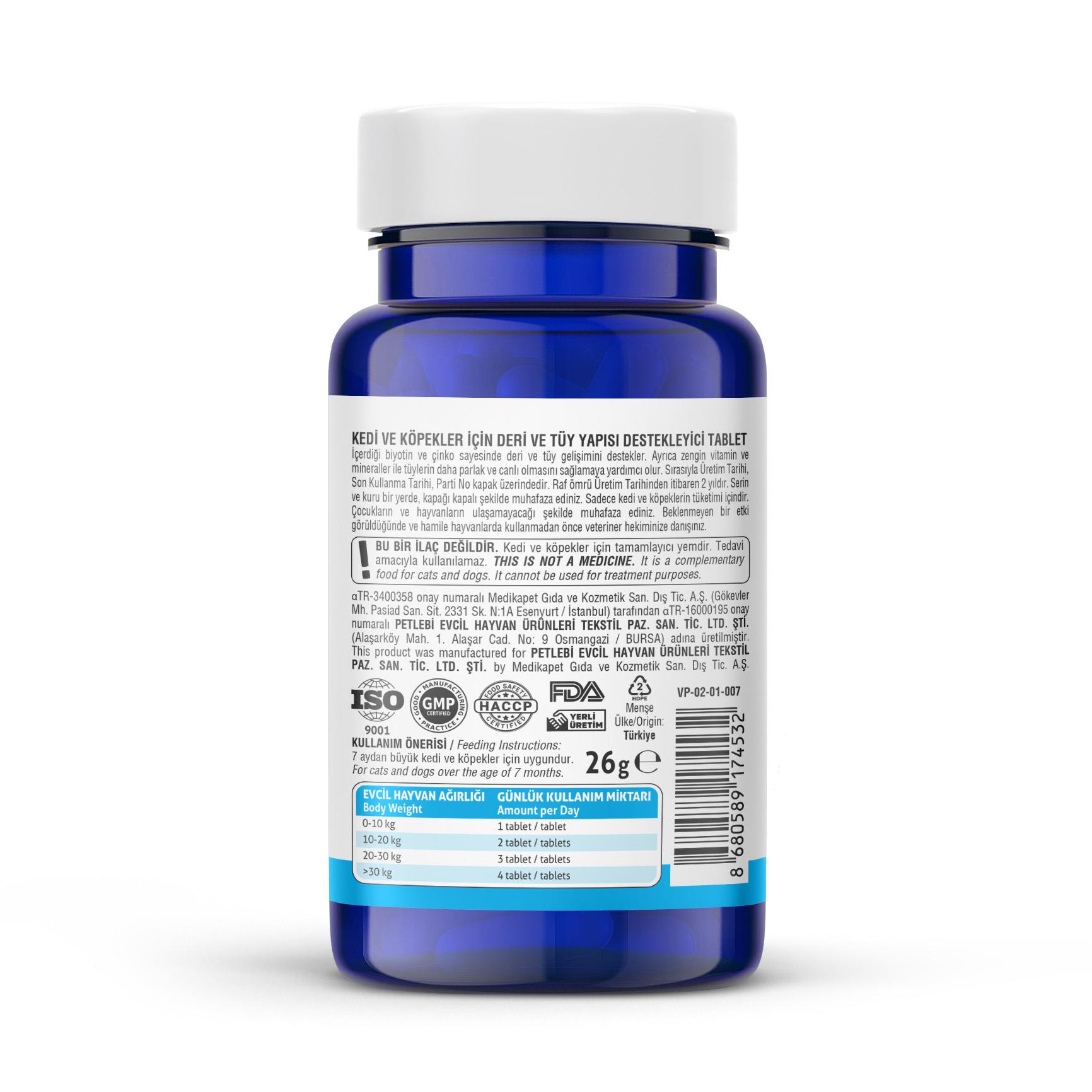 Vets Plus Derma Care Kedi ve Köpekler İçin Deri ve Tüy Yapısı Destekleyici Biyotin Tablet (75li)