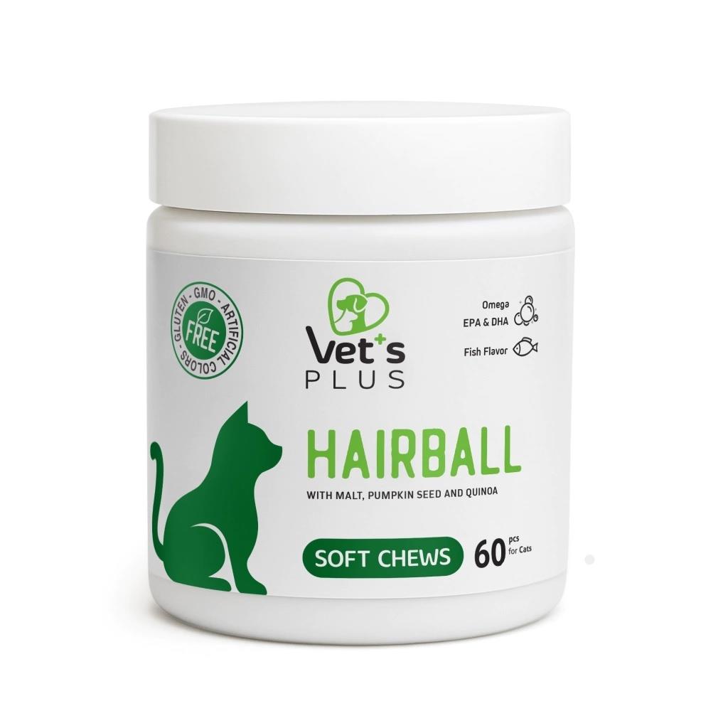 Vets Plus Hairball Kediler İçin Malt ve Kinoalı Tüy Yumağı Önleyici Çiğnenebilir Tablet (60lı)