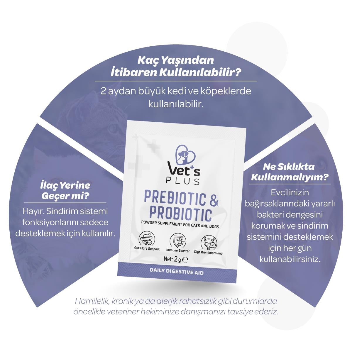 Vets Plus Kedi ve Köpekler İçin Prebiyotik ve Probiyotik Toz 2gr (30lu)