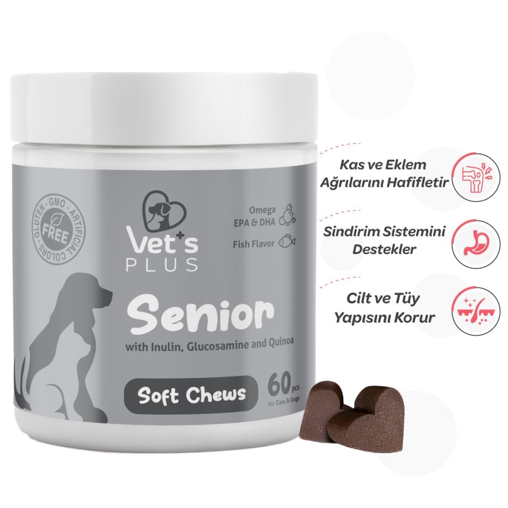 Vets Plus Senior Yaşlı Kedi ve Köpekler İçin İnülin ve Glukozamin Çiğnenebilir Tablet (60lı)