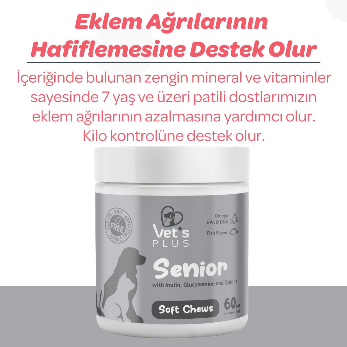 Vets Plus Senior Yaşlı Kedi ve Köpekler İçin İnülin ve Glukozamin Çiğnenebilir Tablet (60lı)