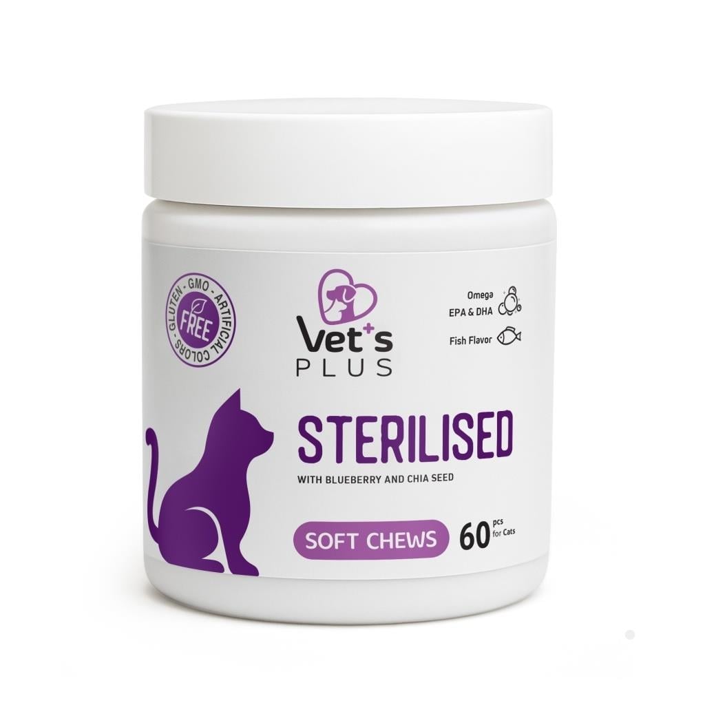 Vets Plus Sterilised Kısırlaştırılmış Kediler İçin Yaban Mersinli Çiğnenebilir Tablet (60lı)