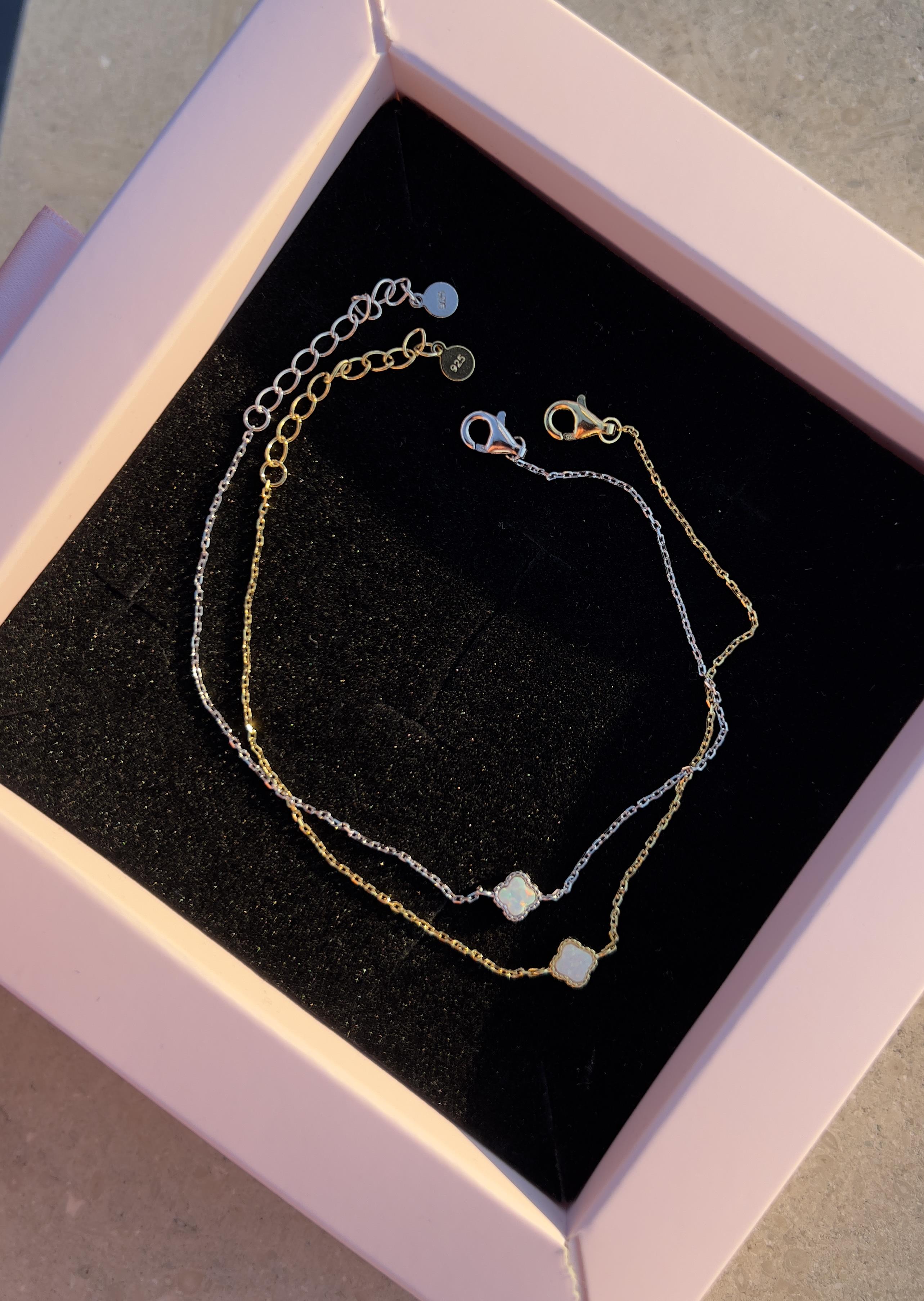 925 Gümüş | Beyaz Mini Opal Yonca Bileklik