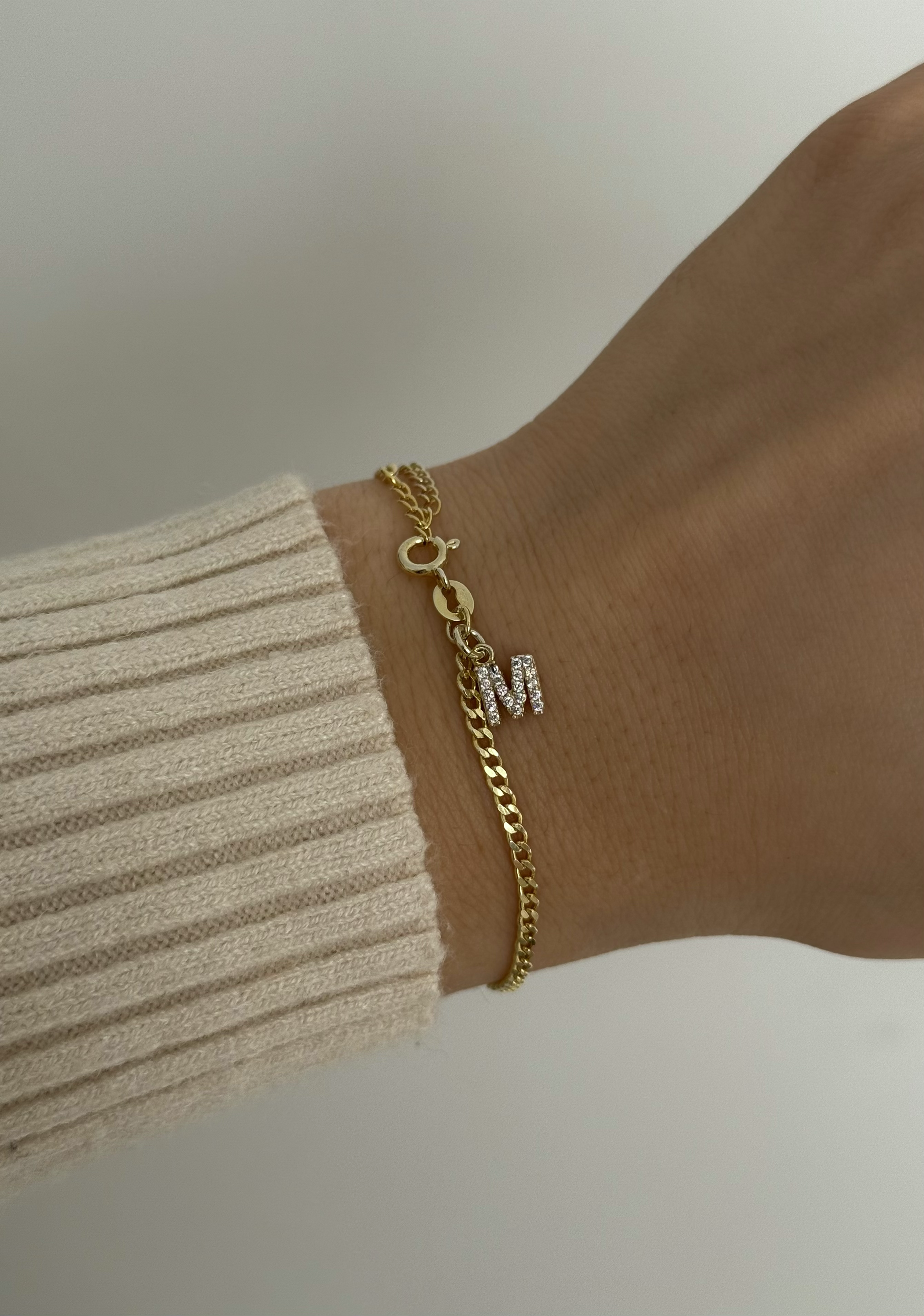 925 Gümüş | Taşlı Harfli Slim Bold Zincir Bileklik
