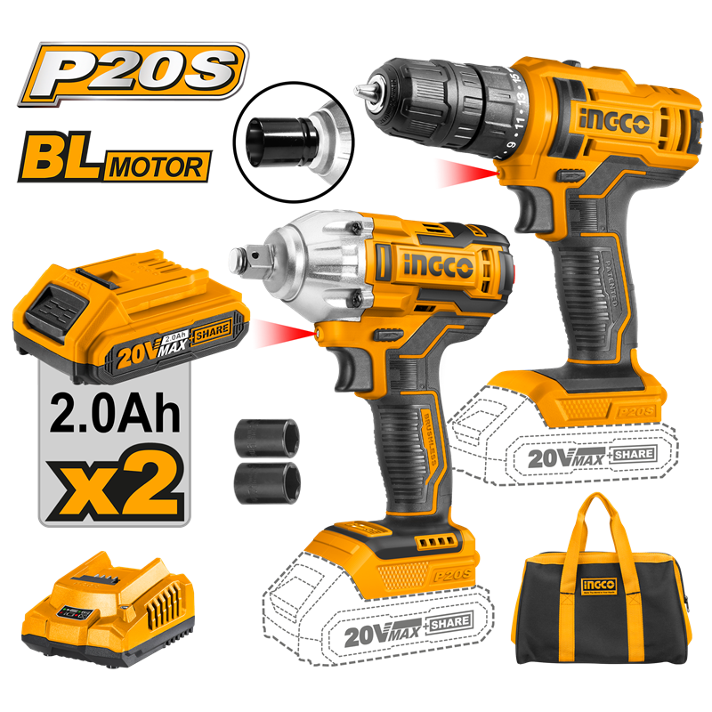 İngco Li-ion Akülü 2 li Kombo Set - Matkap ve Somun sıkma 20V 2.0 Ah