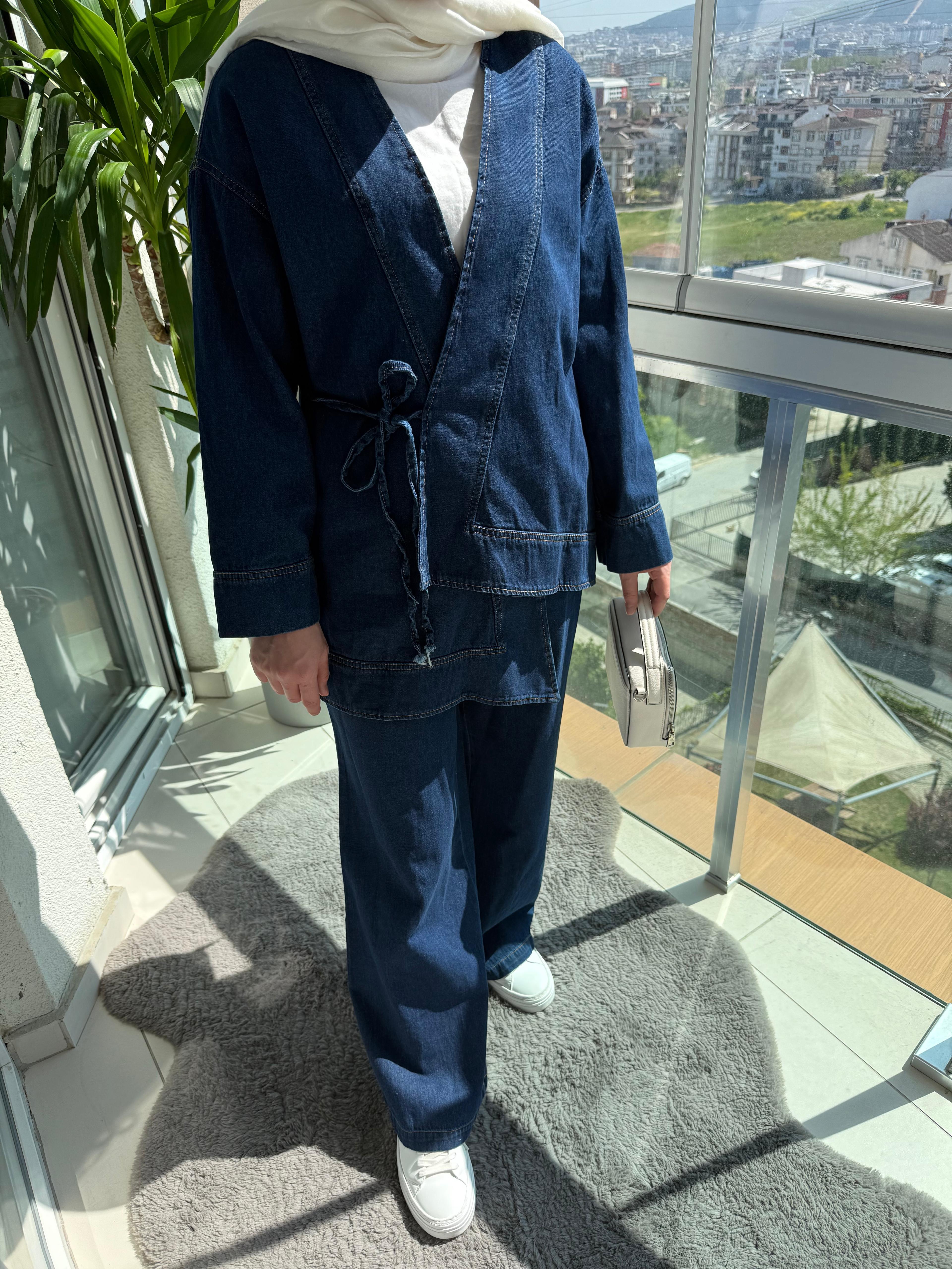 Bağlamalı Lacivert Denim Takım