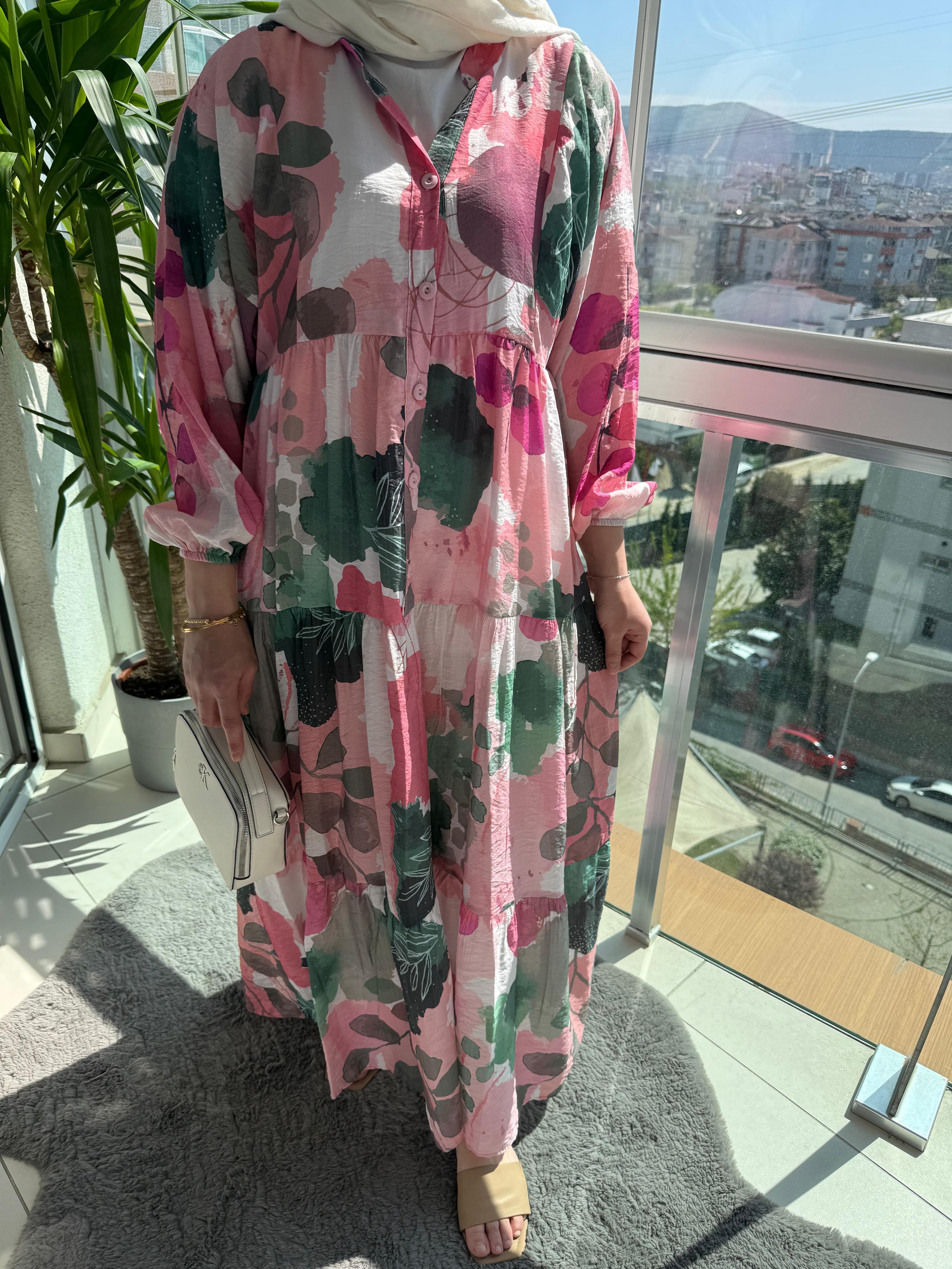 Bahar Pembe Desenli Elbise