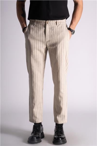 Beli Yarım Lastikli Slim Fit Chino Çizgili Crop Pantolon Bej Çizgili