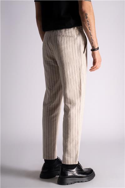 Beli Yarım Lastikli Slim Fit Chino Çizgili Crop Pantolon Bej Çizgili