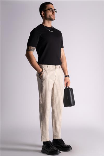Beli Yarım Lastikli Slim Fit Chino Çizgili Crop Pantolon Bej Çizgili