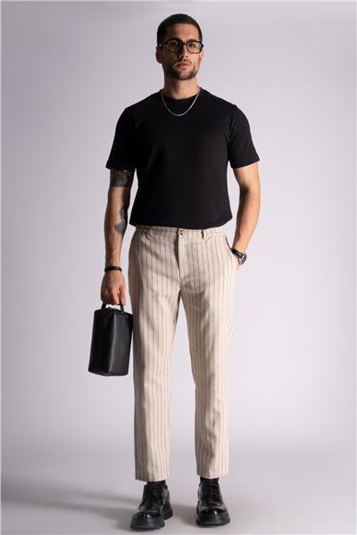 Beli Yarım Lastikli Slim Fit Chino Çizgili Crop Pantolon Bej Çizgili