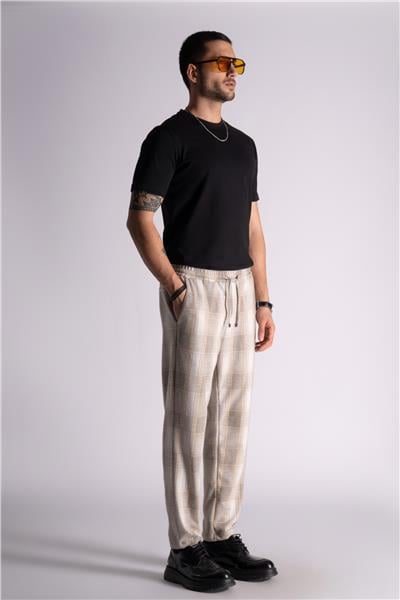 Slim Fit Jogger Bel Pantolon  Ekose Bej