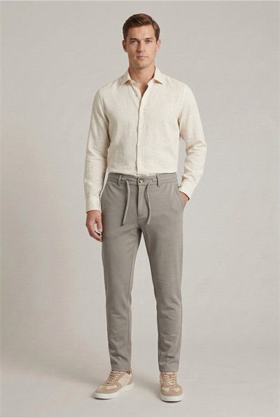 Erkek Açık Füme Slim Fit Bağcıklı Beli Yarım Lastikli Pamuklu Pantolon