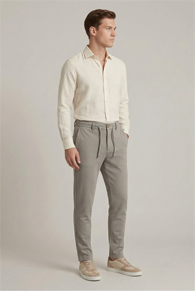 Erkek Açık Füme Slim Fit Bağcıklı Beli Yarım Lastikli Pamuklu Pantolon