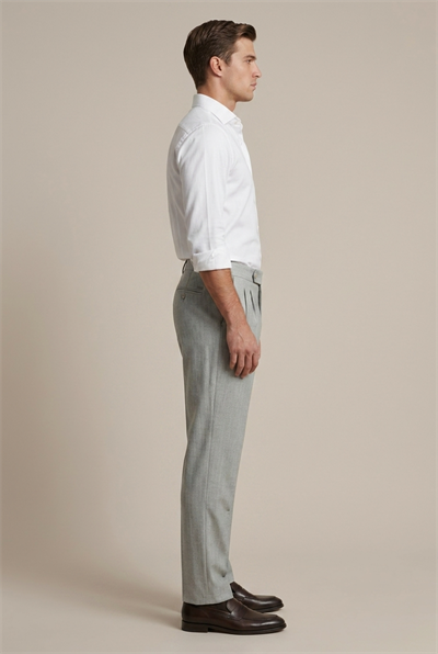 Erkek Açık Gri Balıksırtı Dokulu Çift Pilili Relaxed Fit Kumaş Pantolon