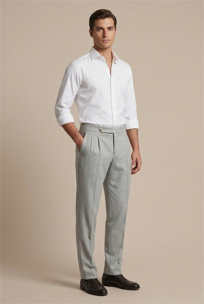 Erkek Açık Gri Balıksırtı Dokulu Çift Pilili Relaxed Fit Kumaş Pantolon