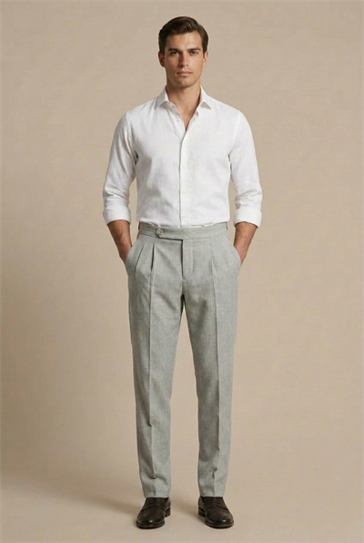 Erkek Açık Gri Balıksırtı Dokulu Çift Pilili Relaxed Fit Kumaş Pantolon