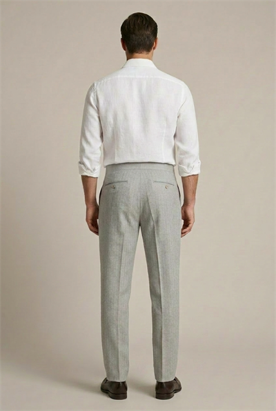 Erkek Açık Gri Balıksırtı Dokulu Çift Pilili Relaxed Fit Kumaş Pantolon