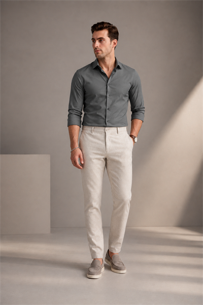 Erkek Açık Gri Melanj Kırçıllı Slim Fit Yarım Lastikli Bel Smart Casual Pantolon